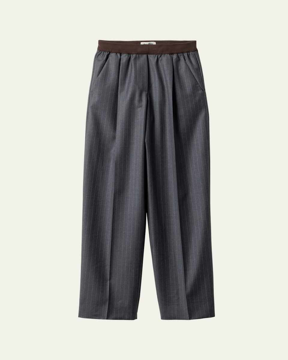 Pinstripe Pleated Wide-Leg Drawstring Pants